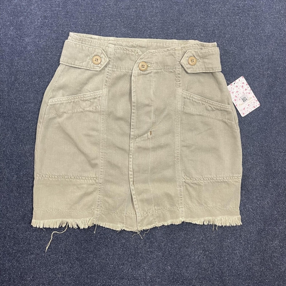 Free People Willow Skirt Womens 6 Green Cargo Mini Twill Button Pockets Fringe
